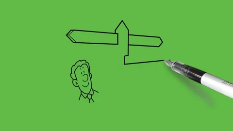 Draw young man with round nose stand near straight two side arrows sign board Stock Footage 237374198