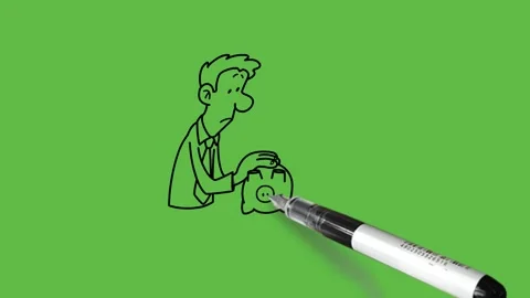 Draw young man of round nose stand and examine tiny machine put on table Video stock 237374391