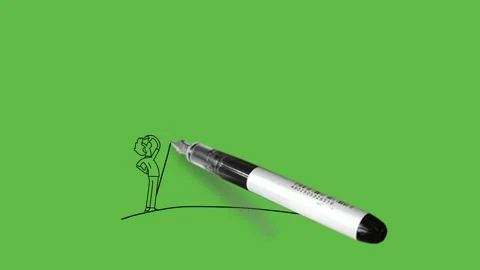 Draw young man seeing upside clouds in sky with black outline on abstract green Vidéo 244796449