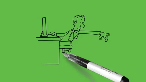 Draw young man sit on adjustable office chair do work on computer place on table Vidéo 249914788