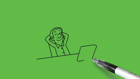 Draw young man sit on chair in rest posture in front of computer keep on table Video stock 237374136