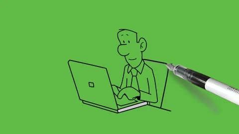 Draw young man sit on grey color chair work on laptop wear shirt and tie Video stock 237374667