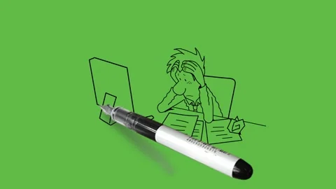Draw young man sit on grey chair do work on computer and catch his head Видео 292489143
