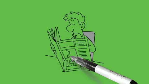 Draw young man sit keep left hand index finger on lips and read newspaper Video stock 296586397