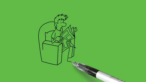 Draw young man sit on sofa-set chair read newspaper in front of computer Vidéo 249914829