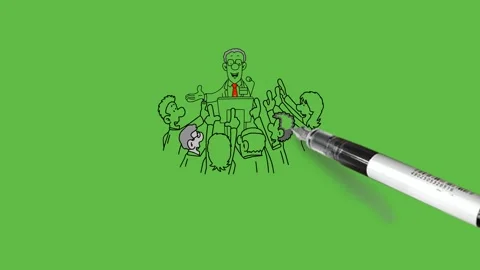 Draw young man speak in speaker on lecture stand wear red tie address gathering Video stock 247399425