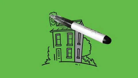 Draw young man stand with arms outstretched the building with black outline Video stock 247399855