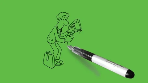 Draw young man stand from knee forward read files hold in hands, office bag and Vidéo 301442358