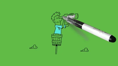 Draw young man stand on pillar see far through telescope hold in both hands Video stock 301442359
