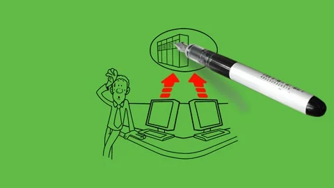 Draw young man stand with support of laptop table wear shirt, trouser and tie Video stock 236228215