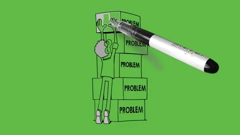 Draw young man stand on toes to pick cuboid box keep upside with black outline Vídeo Stock 249915022