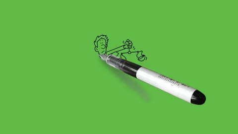 Draw young man walking on string hold balance in left hand with black outline Stock Footage 251536280