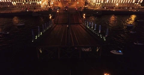 Drawbridge in St. Petersburg, river Neva, white hights Stock Footage