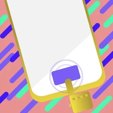Drawed Finger Pointing On Main Button Of Phone. Phone Clear Screen. Shut Off Stock Illustration