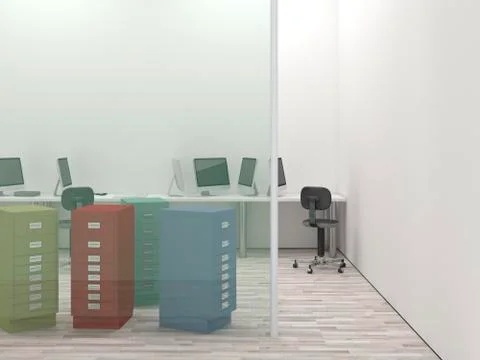 Drawer cabinets, computer and an office chair in a storage room, 3D Rendering Illustrazione stock