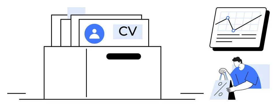 Drawer filled with CVs beside data chart and man scrutinizing resumes. Ideal  Ilustração Stock