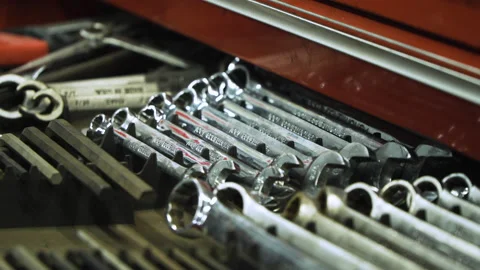 A drawer filled with wrenches at an auto mechanic Stock Footage 131538030
