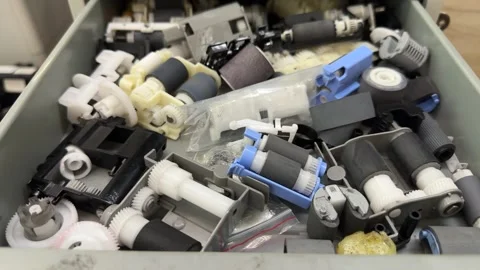 Drawer full of printer spare parts with plastic gears and rubber rollers  Stock-Footage 342438174