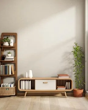 Drawer table aside bookshelf and pot plant on wooden parquet floor in white.. Stock Illustration