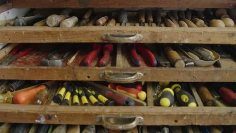 Drawers with carpenters tools in workshop Video stock 182908493