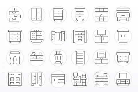 Drawers High Resolution Vector Icon Pack with 24 Thin Line Detail Enhanced .. Stock Illustration