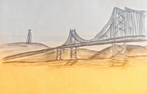 Drawing of The 25 de Abril Bridge over River Tagus in Lisbon, Portuga Ilustração Stock