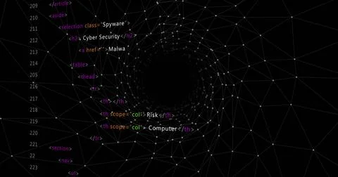Drawing 3D wireframe tunnel spiraling to dark void in digital layout, with Illustrazione stock