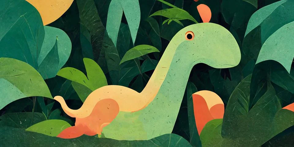 Drawing of an abstract dinosaur on a forest background colorful illustration. Stock Illustration