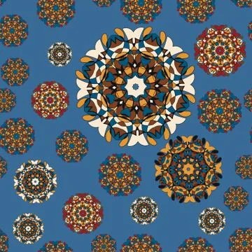 Drawing of a abstract vector round mandala seamless. Circle pattern on blue b Stock Illustration