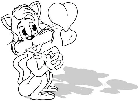 Drawing of a Amorous Kitty with Two Hearts Stock Illustration