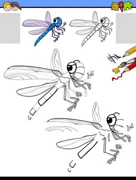 Drawing and coloring activity with dragonfly Cartoon Illustration of Drawi... Stock Photos