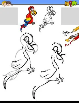 Drawing and coloring activity with macaw character Ilustración de archivo