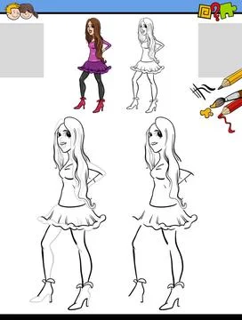 Drawing and coloring task with beautiful girl Cartoon illustration of draw... Foto stock