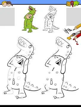 Drawing and coloring task with boy in dinosaur costume Cartoon illustratio... Stock Photos