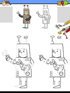 Drawing and coloring task with boy in robot costume Cartoon illustration o... Stock Photos