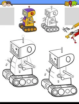 Drawing and coloring task with comic robot character Stock Illustration