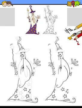 Drawing and coloring task with comic wizard character Illustrazione stock