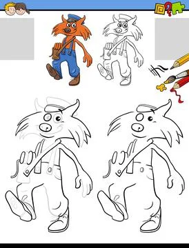 Drawing and coloring task with comic fox character 库存插图