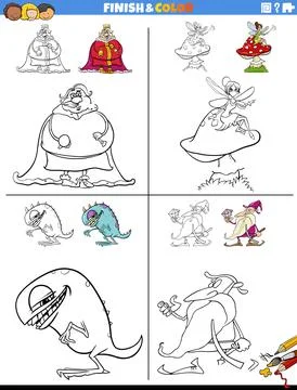 Drawing and coloring task with fantasy characters Illustrazione stock