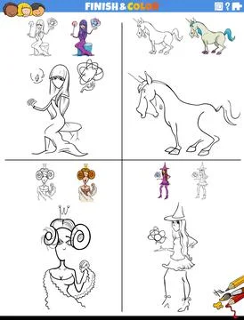 Drawing and coloring task with fantasy characters イラスト素材