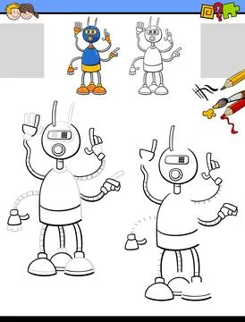 Drawing and coloring task with funny robot character Stock Illustration