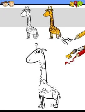 Drawing and coloring task with giraffe Cartoon Illustration of Drawing and... Stock Photos