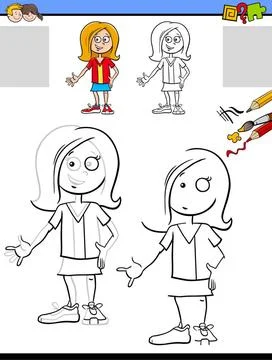 Drawing and coloring task with happy girl Cartoon Illustration of Drawing ... Stock Photos