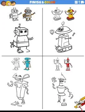Drawing and coloring task with robot characters Stock Illustration