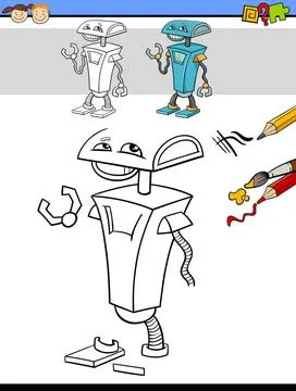 Drawing and coloring task with robot Cartoon Illustration of Drawing and C... Foto stock