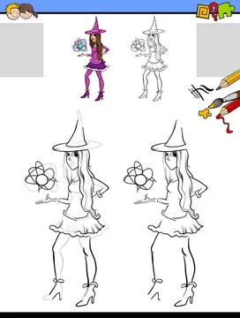 Drawing and coloring task with witch girl character Cartoon illustration o... Stock Photos