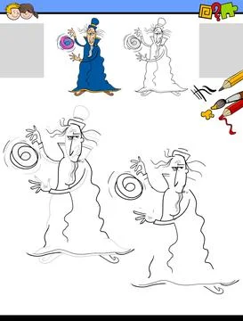 Drawing and coloring task with wizard fantasy character Stock Illustration