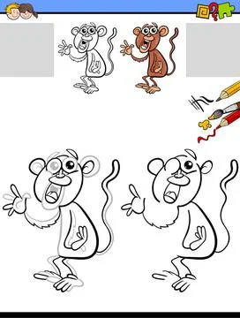 Drawing and coloring worksheet with monkey Cartoon Illustration of Drawing... Stock Photos