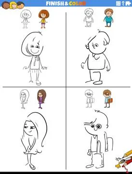 Drawing and coloring worksheets set with comic kids 库存插图