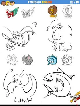Drawing and coloring worksheets set with comic animals 库存插图